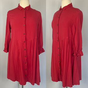 Given Kale Shirt Dress Size XL Red Solid Long Sleeve Button Boho Western Minimal
